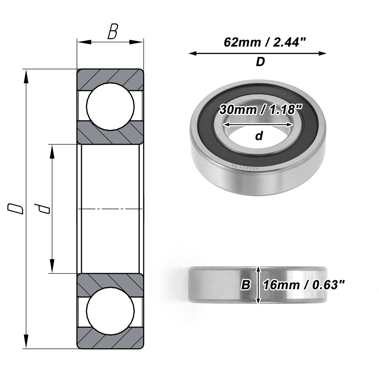 6206VV Deep Groove Ball Bearing for Scooter Skateboard (30x62x16mm)