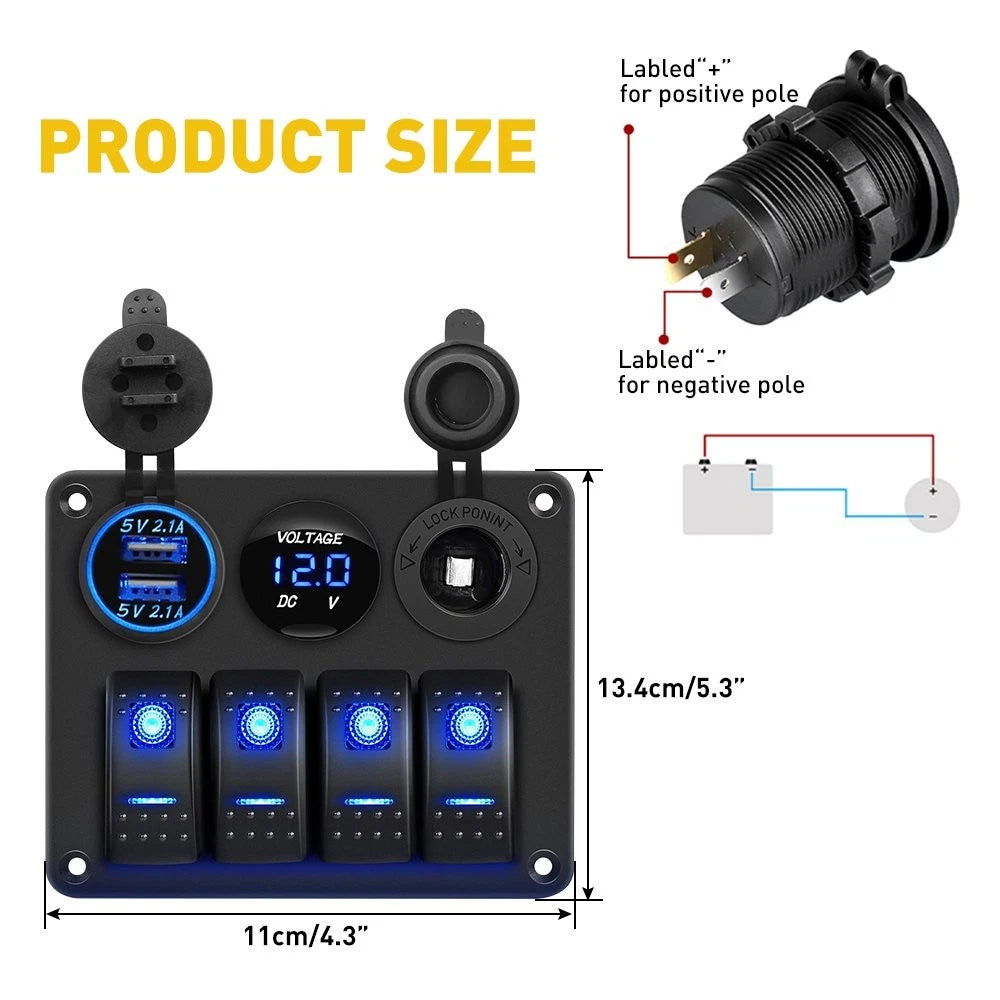 4 Gang USB LED Rocker Switch Panel for Marine Car Boat Waterproof