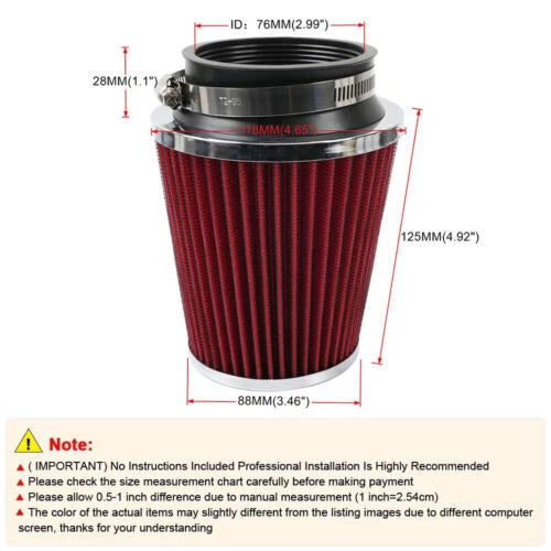 3" Cold Air Intake Dry Air Filter for Universal Fit