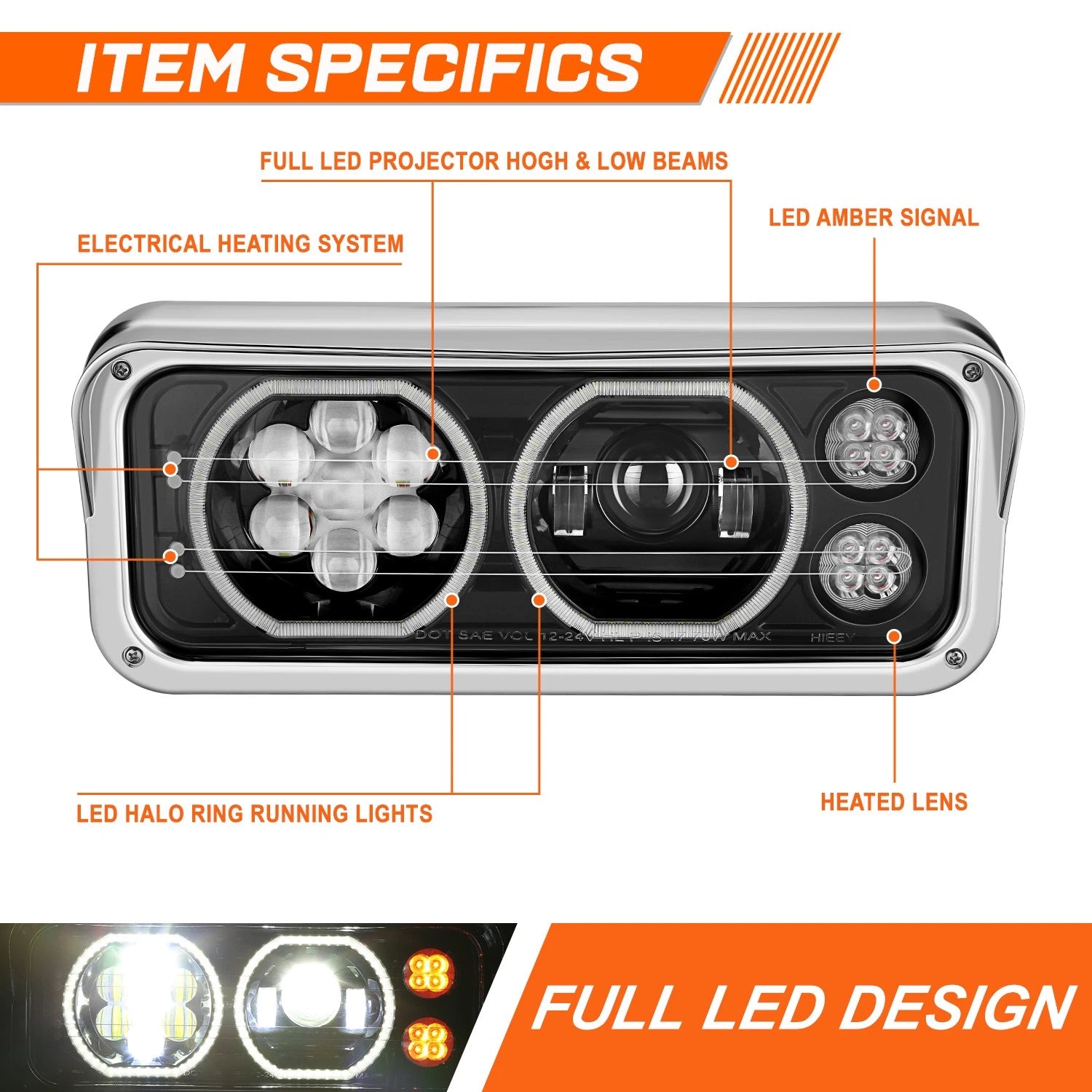 LED Halo Ring DRL Projector Headlight for Western Star Kenworth (1981–2019)