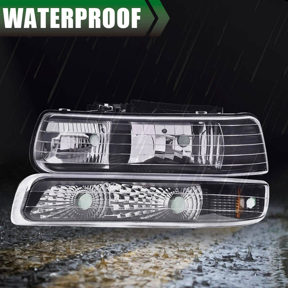 Set of 2 Black Clear Headlights and Fog Lights for Chevy Silverado/Suburban