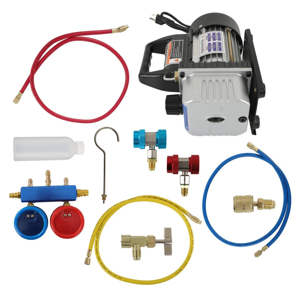 AC Vacuum Pump and Manifold Gauge Set for HVAC Systems (R134A)