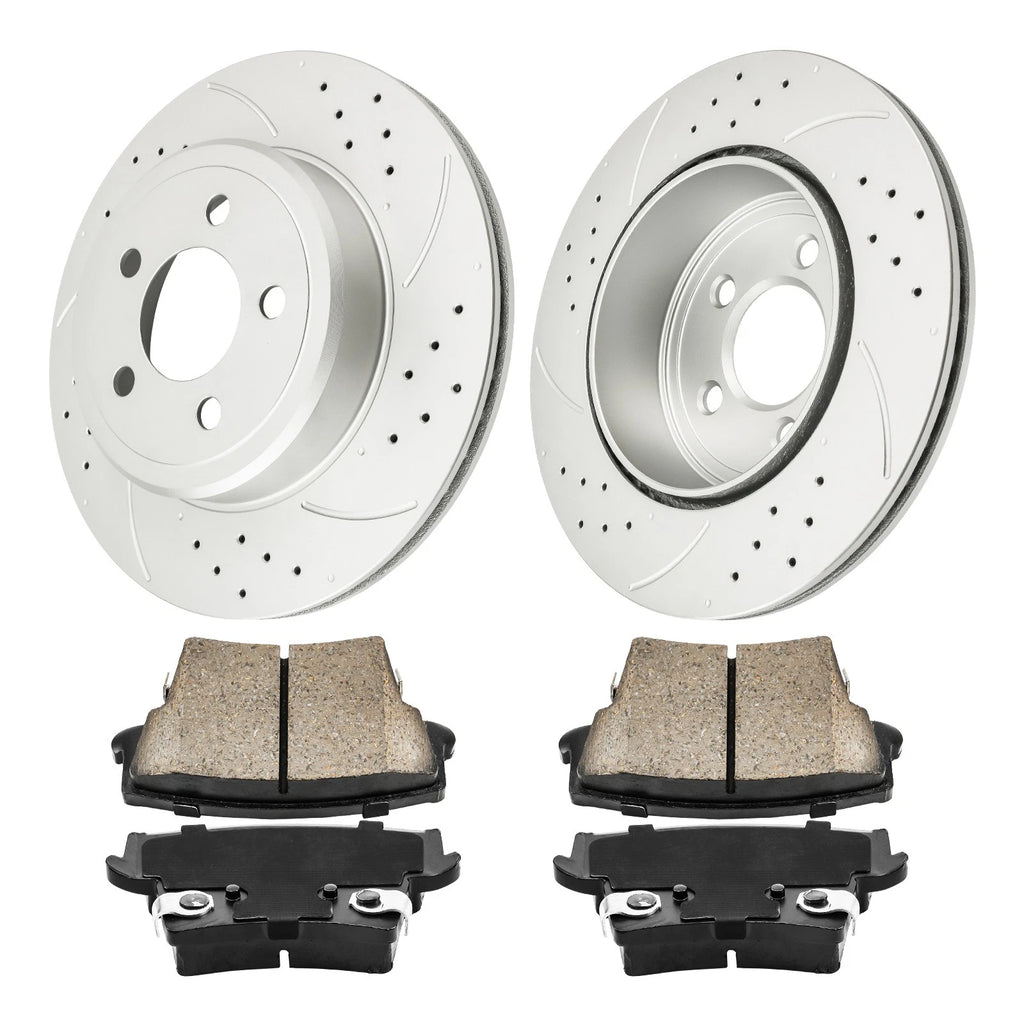 Rear Drilled Slotted Rotors and Pads for Chrysler 300 and Dodge Challenger (2011–2014)