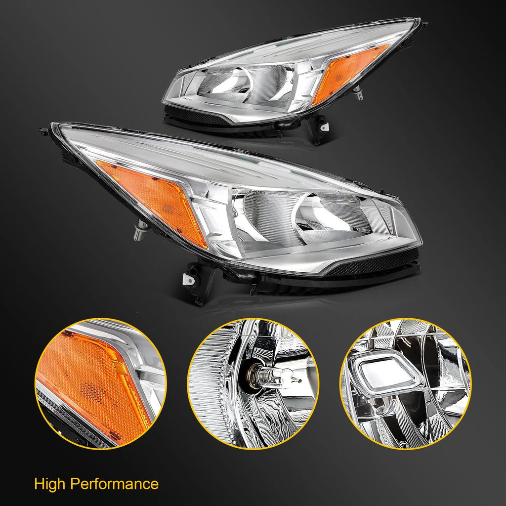 Set of 2 Headlight Assemblies for Ford Escape (2013–2016) Chrome Amber