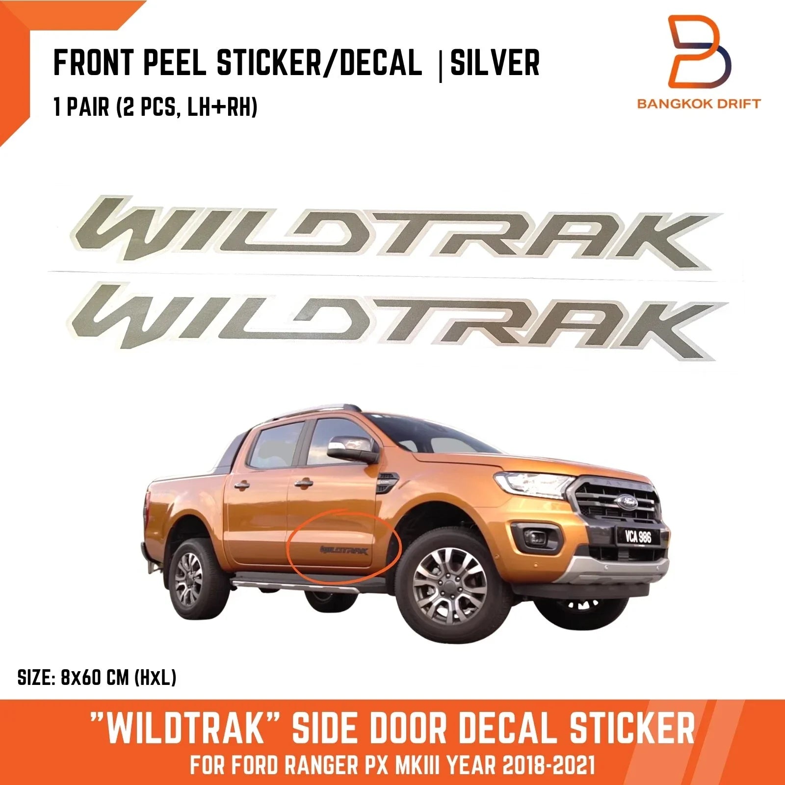 Silver WILDTRAK Side Front Door Decal Sticker for Ford Ranger (2018-2021)