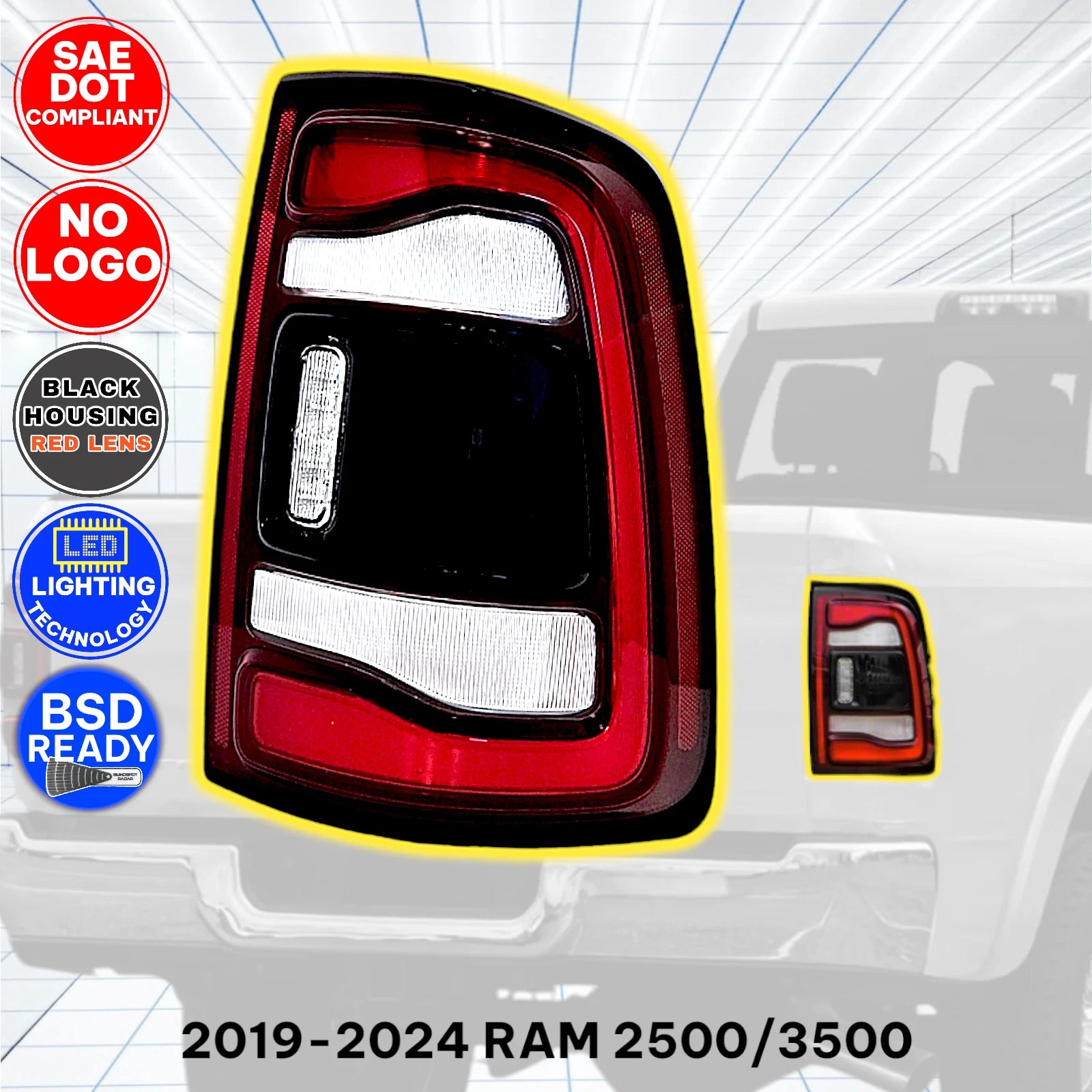 LED Tail Light Right Side for RAM 2500 3500 (2019–2024) Black, Blind Spot