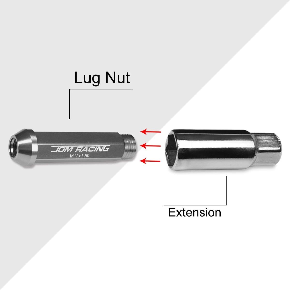 Set of 20 JDM M12X1.5 25mm OD 90mm Tall Gun Metal Open-End Lug Nuts + Key