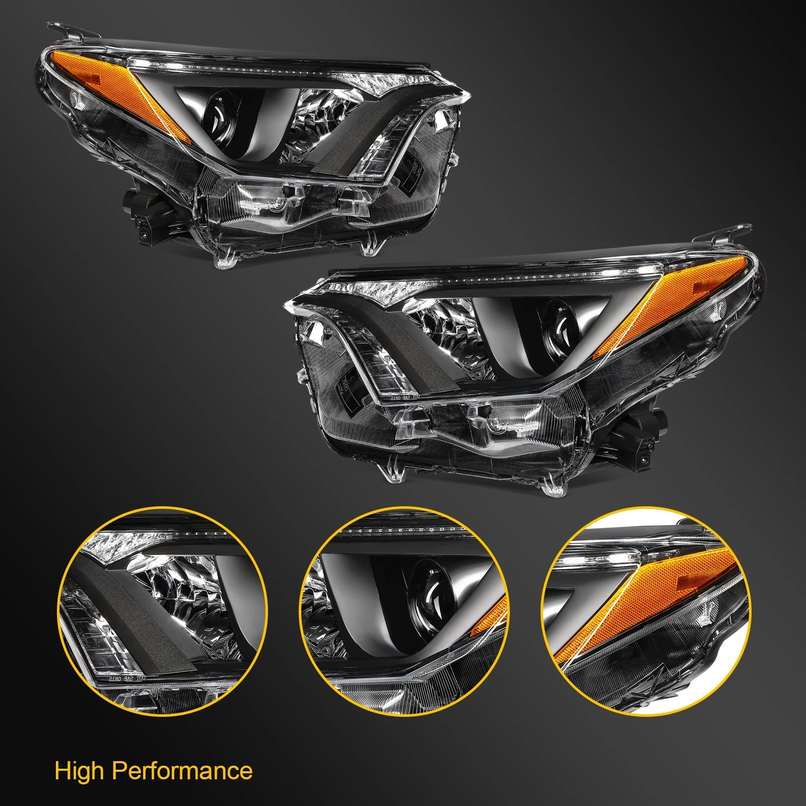 2X Headlight Assembly for Toyota RAV4 (2016–2018) Halogen Black Housing