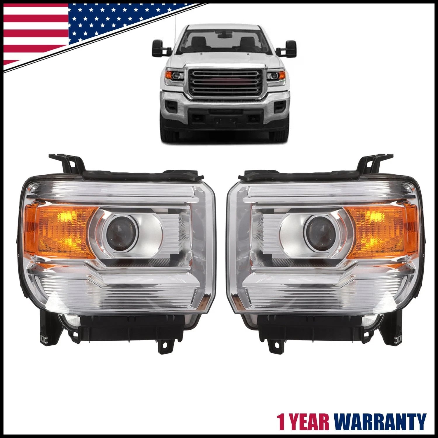 Set of 2 Halogen Headlights for GMC Sierra 1500 (2014–2015) 2500HD 3500HD (2015–2019)