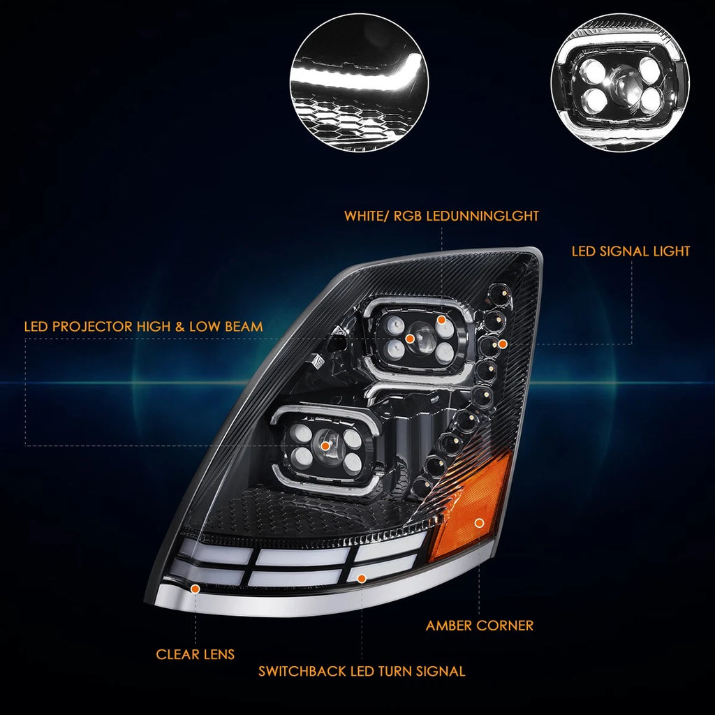 RGB LED DRL Switchback Signal Projector Headlights for Volvo VN VNL (2018–2024)
