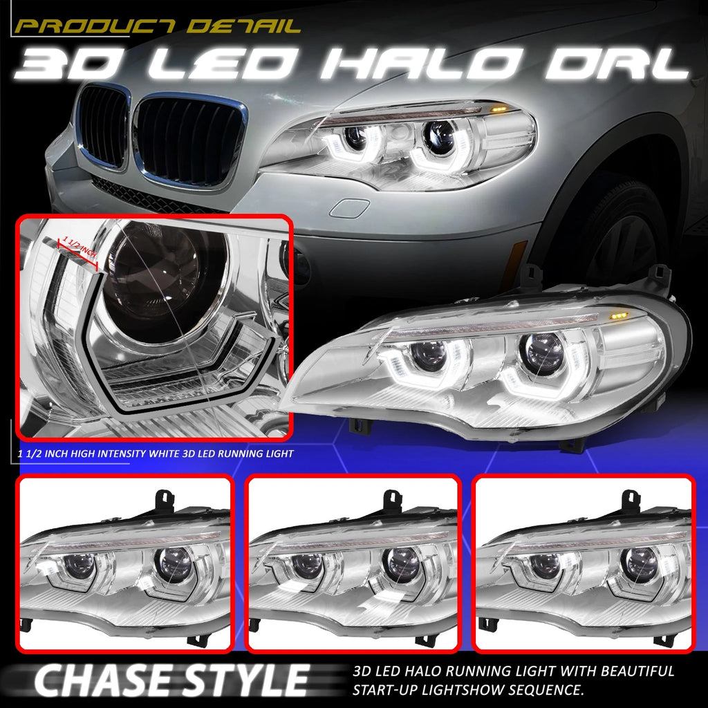 AFS LED Projector Sequential Headlights for BMW X5 (2011–2013) Chrome/Clear