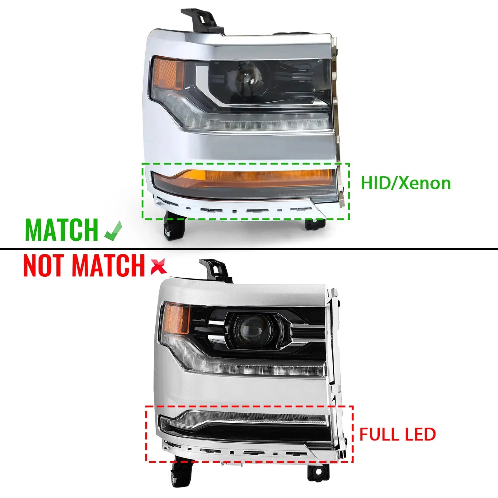 HID Headlight for Chevy Silverado 1500 (2016–2018) W/LED DRL Chrome Bezel RH