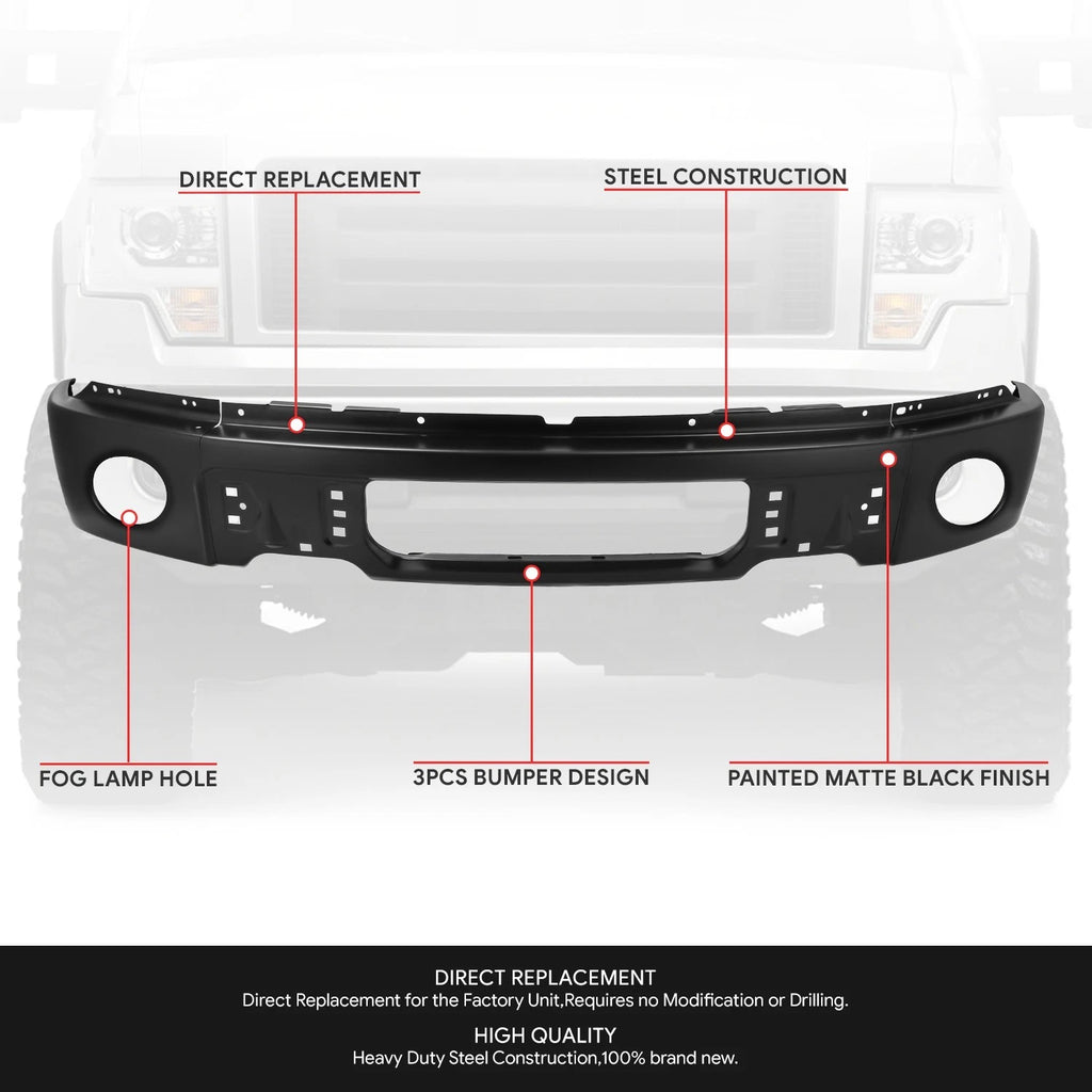 Steel Matte Front Bumper Face Bar for Ford F-150 (2009–2014) w/Fog Light Cutouts