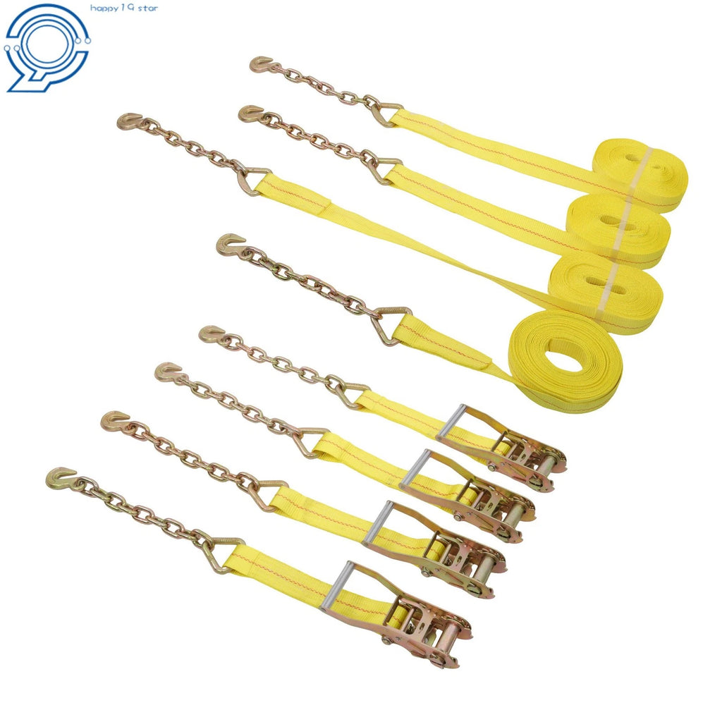 Set of 4 Ratchet Straps 2 Inch x 30 Foot G70 Chain 10000LBS Break Strength