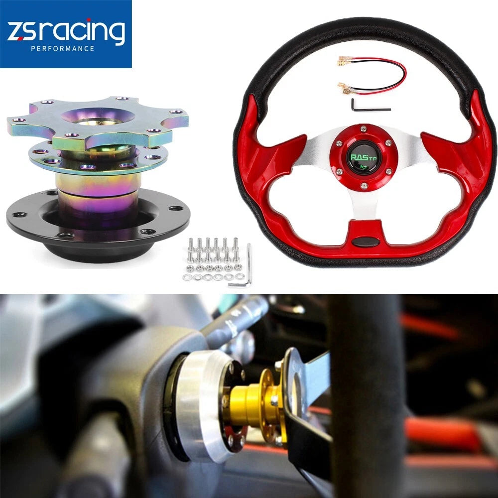 13" Red 6 Hole Steering Wheel with Horn Button & Quick Release Adapter