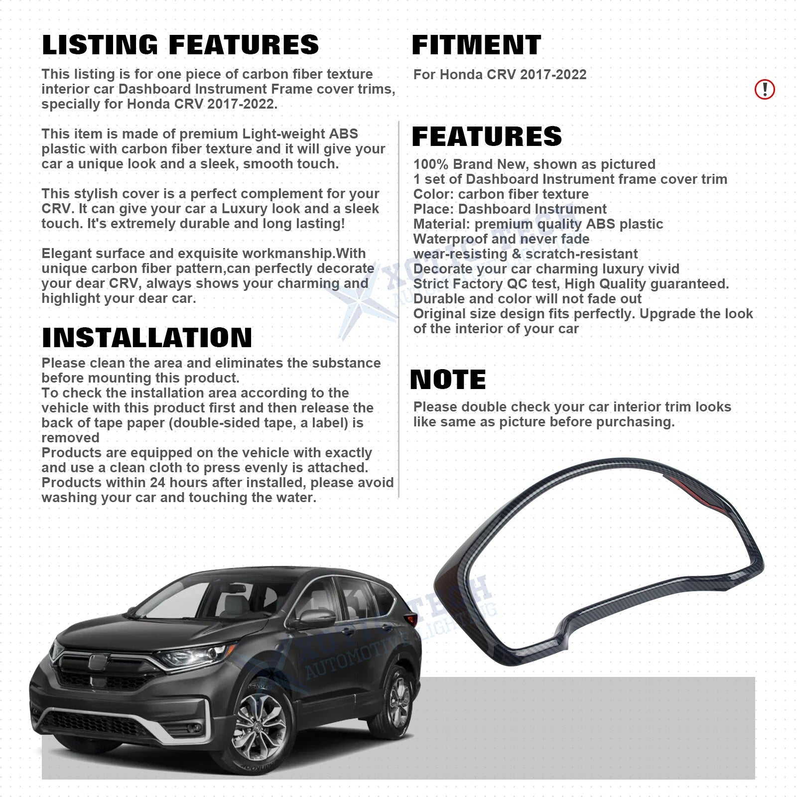 Carbon Fiber Black Dashboard Instrument Panel Cover for Honda CR-V (2017-2022)