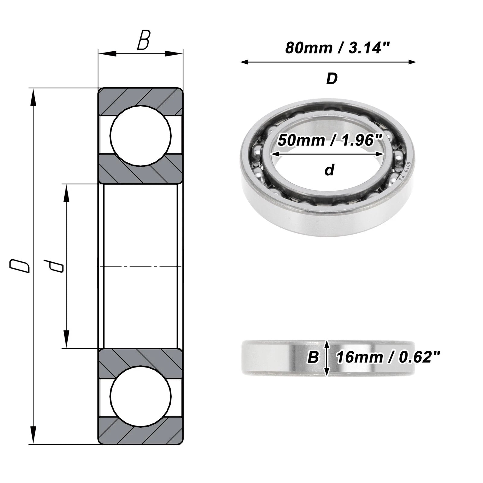 Deep Groove Ball Bearing 50x80x16mm for Scooter/Skateboard (1 Pc)