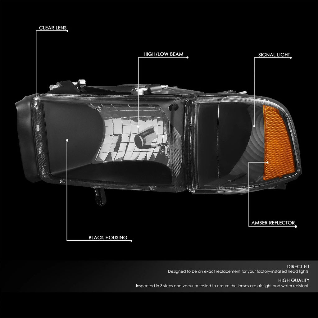 Headlight Lamps for Dodge Ram Pickup Truck (1994–2002) Black/Amber
