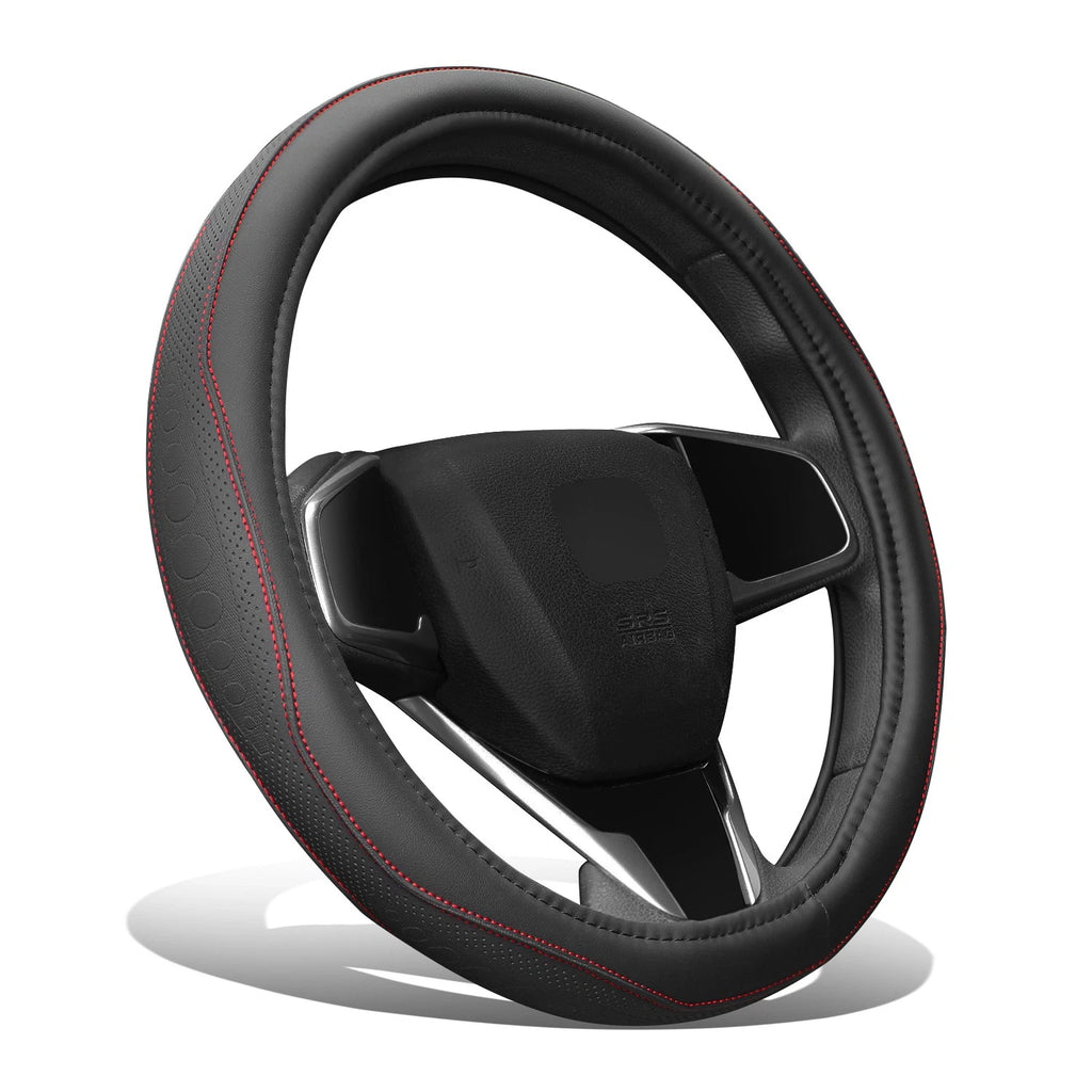 Red Perforated Leather Steering Wheel Cover for Universal 14.5"-15"