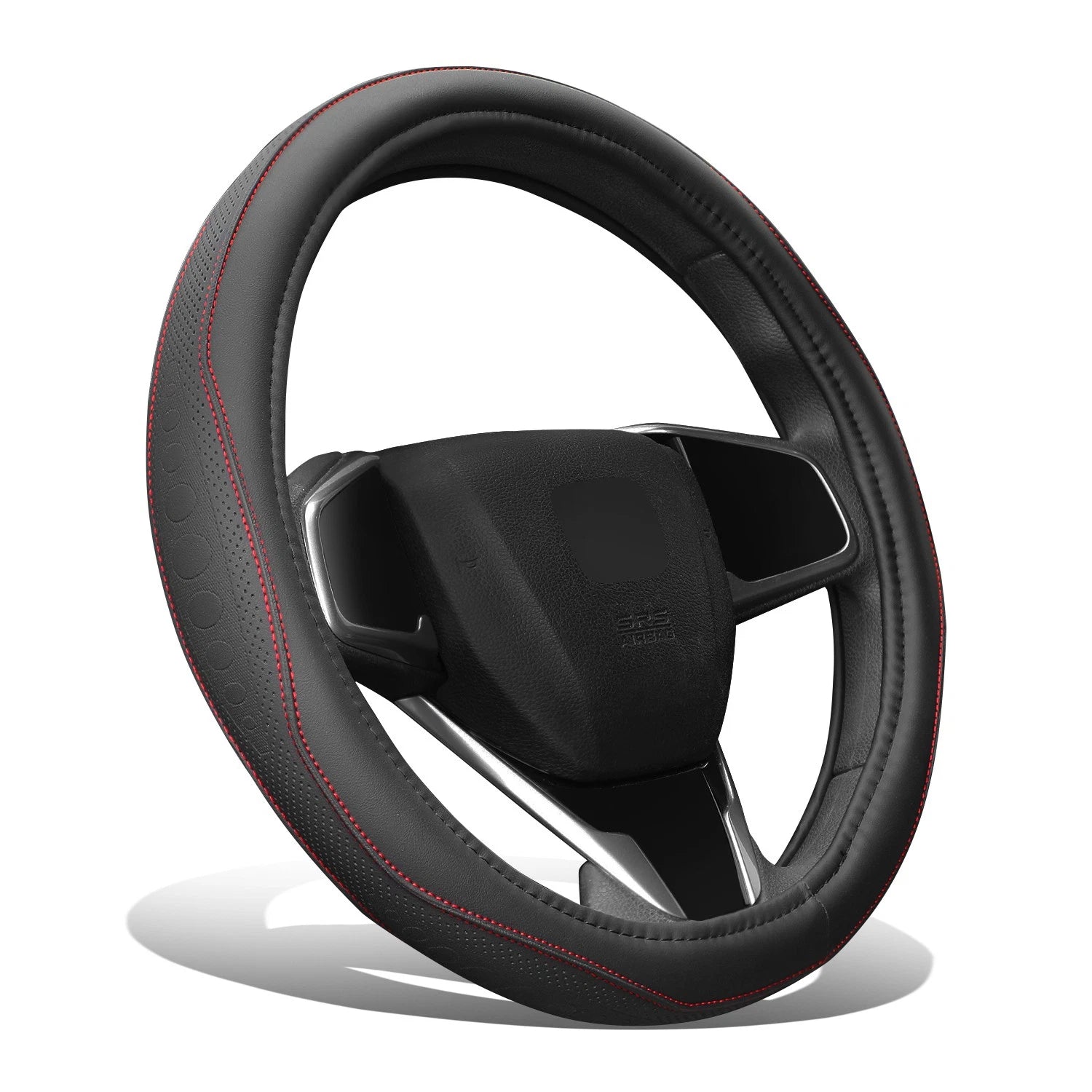 Red Perforated Leather Steering Wheel Cover for Universal 14.5"-15"