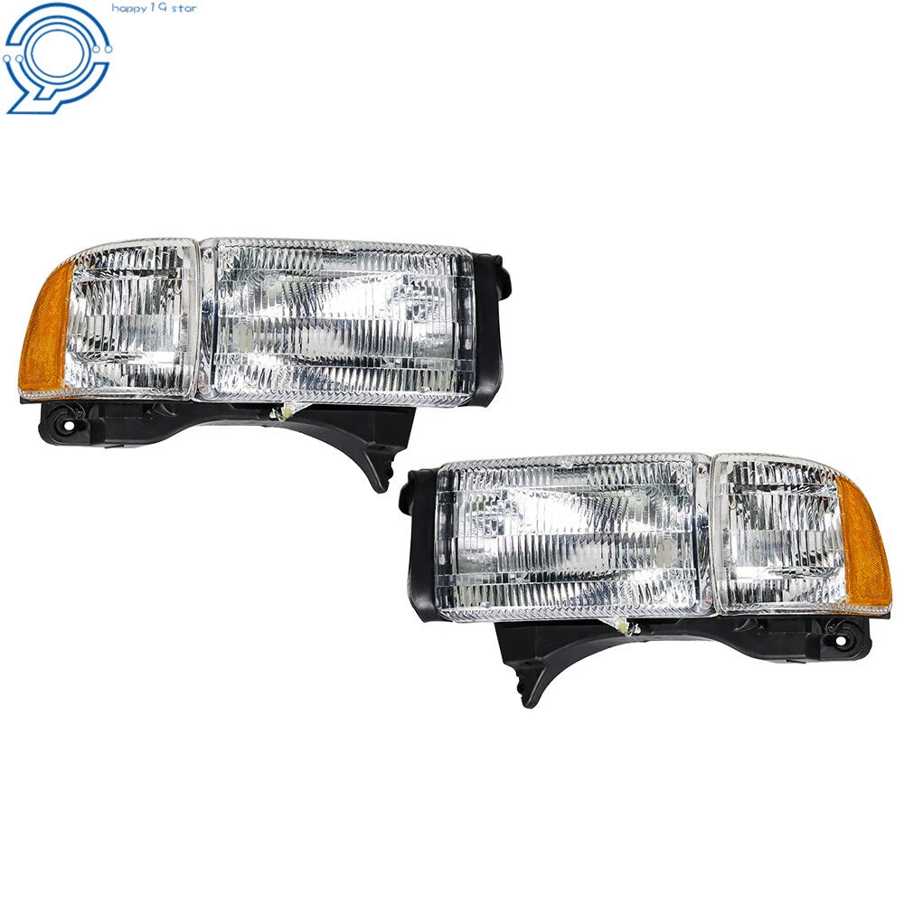 LH+RH Side Crystal Fresnel Lens Amber Corner Headlights for Dodge Ram (1994–2002)