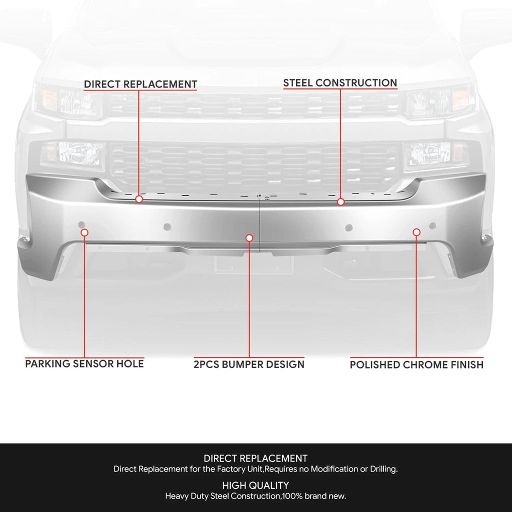 Chrome Front Bumper Face Bar w/ Sensor Holes for Chevy Silverado 1500 (2019–2022)