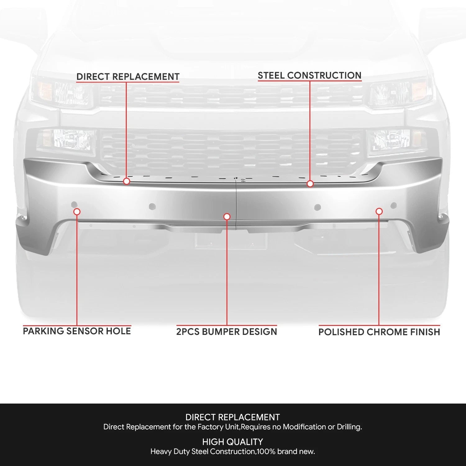 Chrome Front Bumper Face Bar w/ Sensor Holes for Chevy Silverado 1500 (2019–2022)