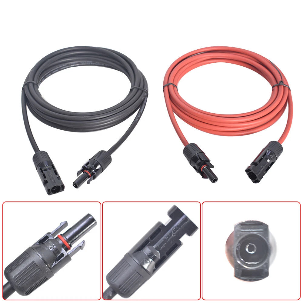 Set of 2 Black Red Solar Panel Extension Cable Connectors 10ft