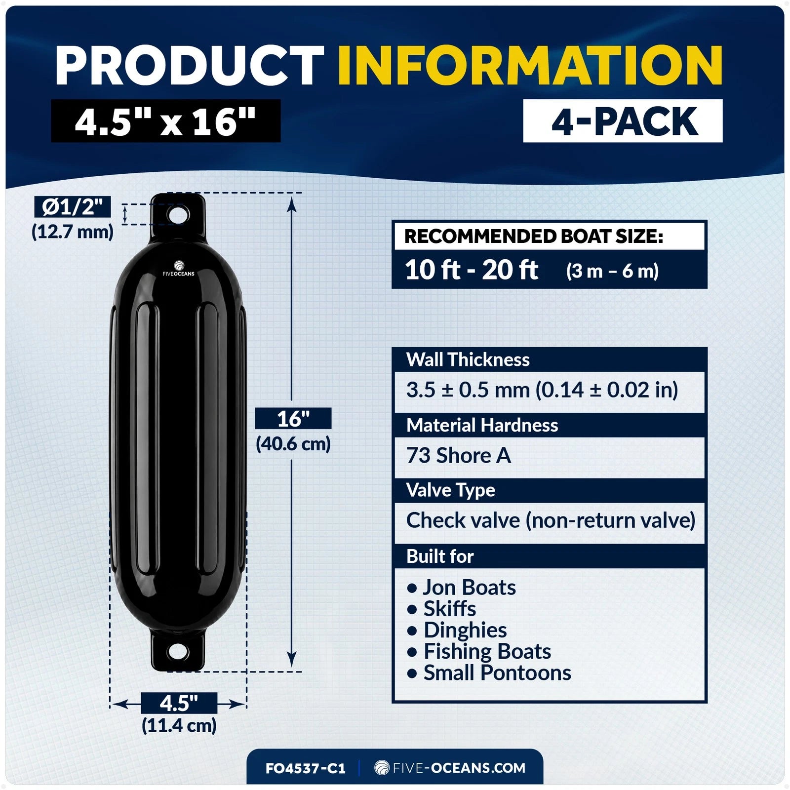 Set of 4 Boat Fenders for (4.5"x16", Black)