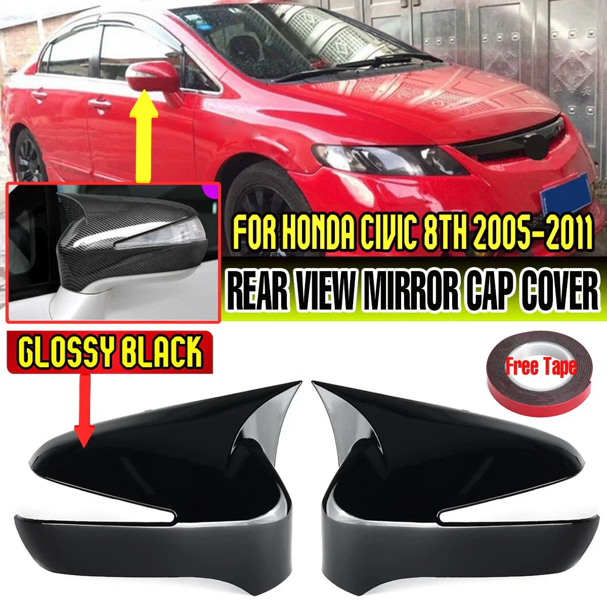 Gloss Black Mirror Cover Cap Trim for Honda Civic (2006–2012)