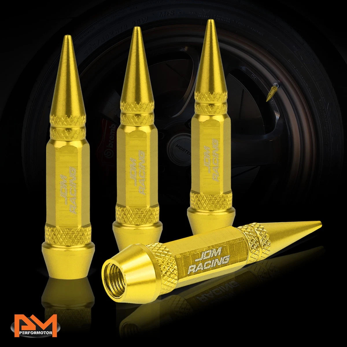 Set of 4 Gold Aluminum Spiked Tire Valve Stem Caps for Universal Fit (60mm)