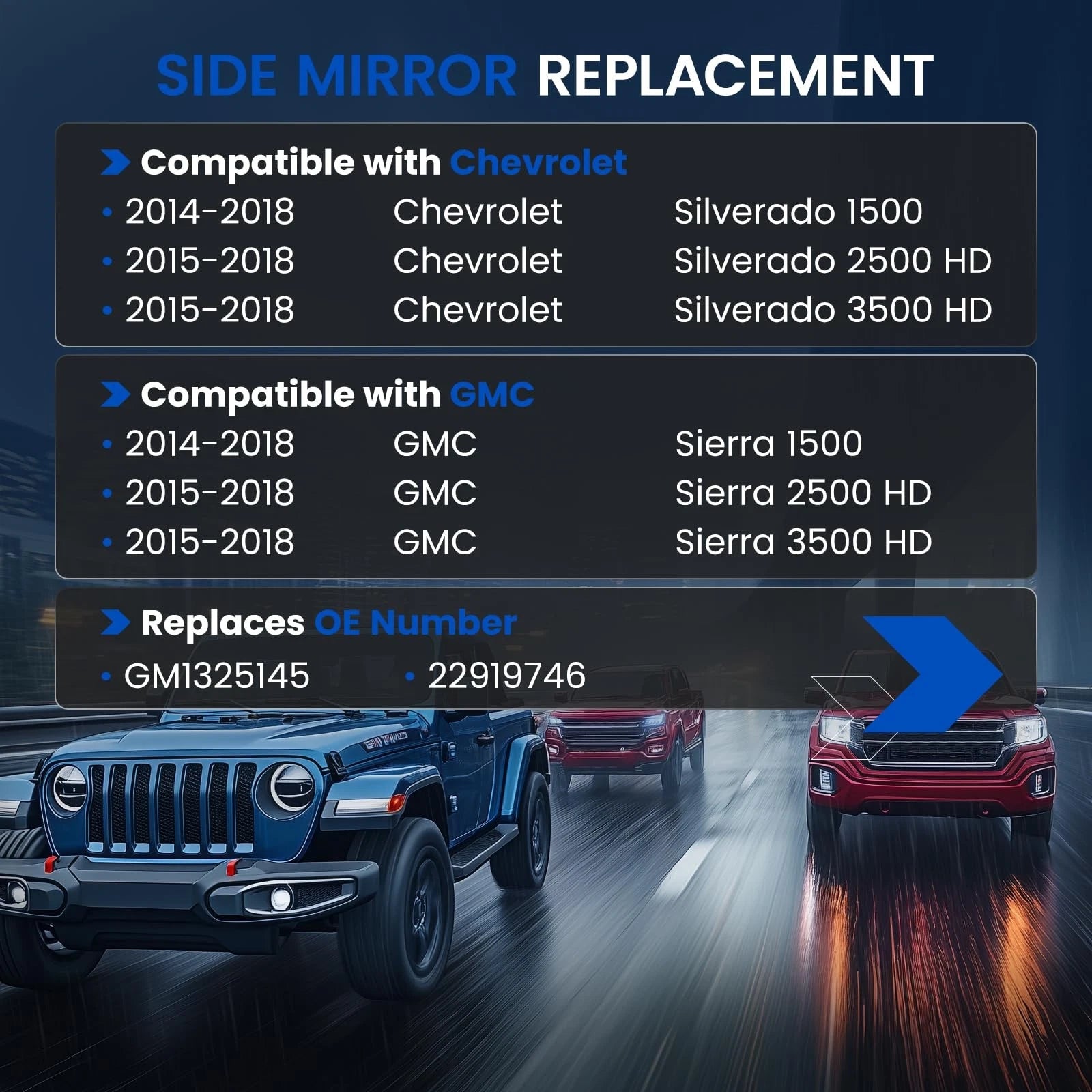 Right Side Mirror Glass for Chevrolet Silverado Sierra (2015–2018)