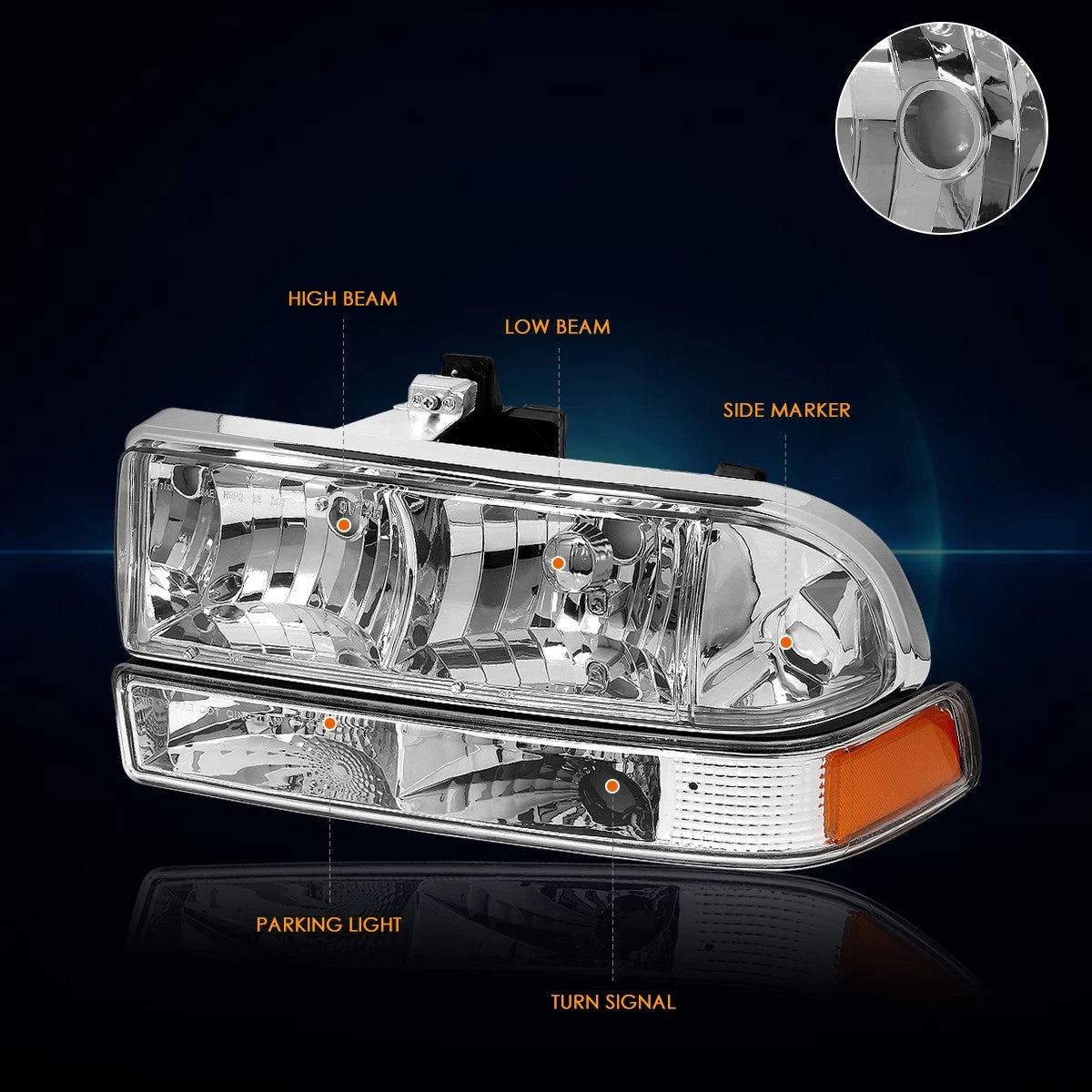 Chrome Housing Headlight & Amber Bumper Corner Lamps for Chevy S10/Blazer (1998–2004)
