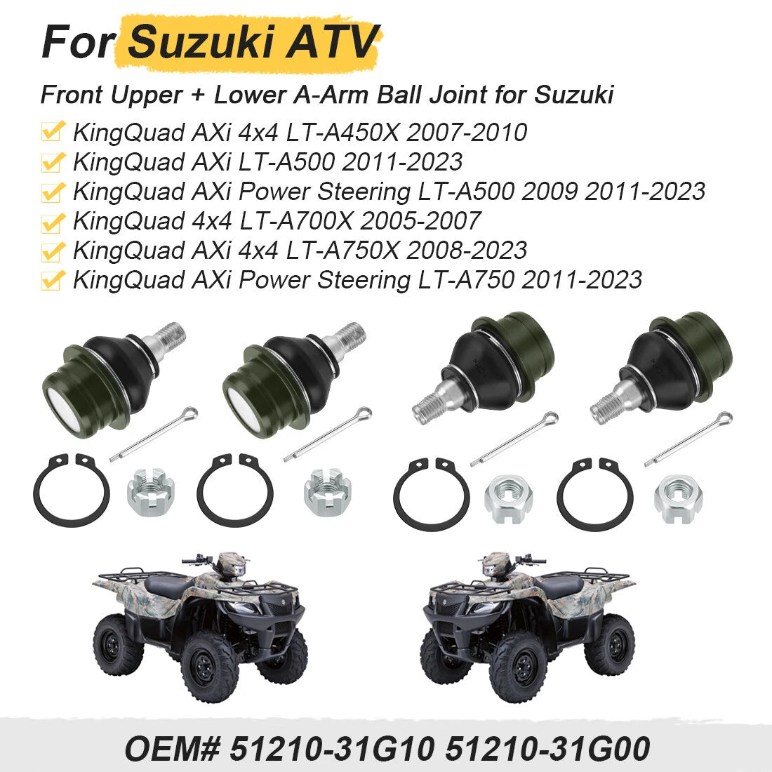 Set of 4 Upper Lower Ball Joints for Suzuki KingQuad 450 500 700 750 (2005–2023)
