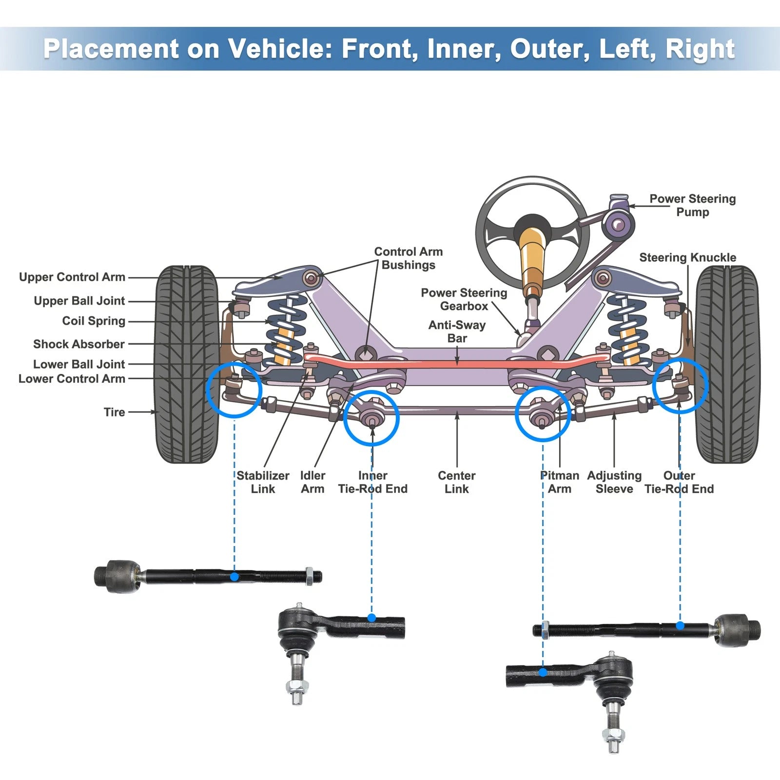 6X Front Inner Outer Tie Rod End Links for Dodge Dakota (2005–2010) ES3571