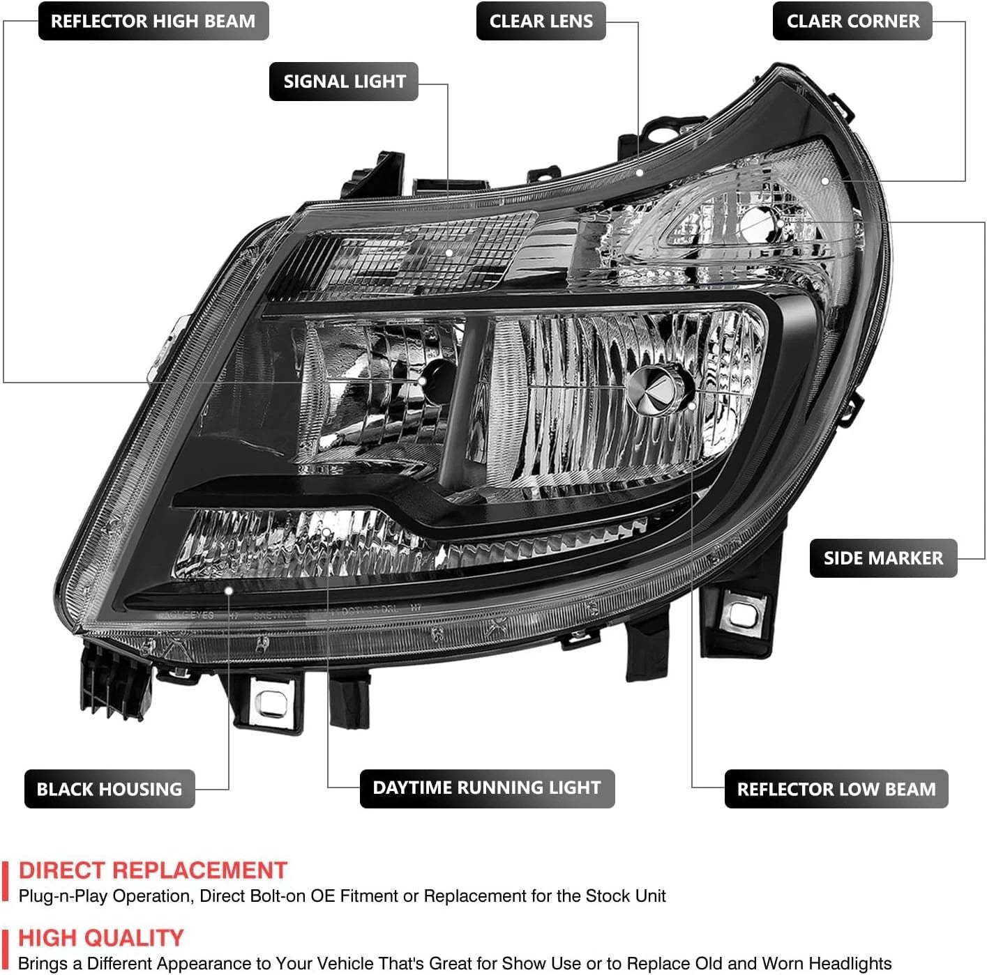 Set of 2 Black Left & Right Headlights w/DRL for Dodge Ram ProMaster 1500 2500 3500 (2014–2022)