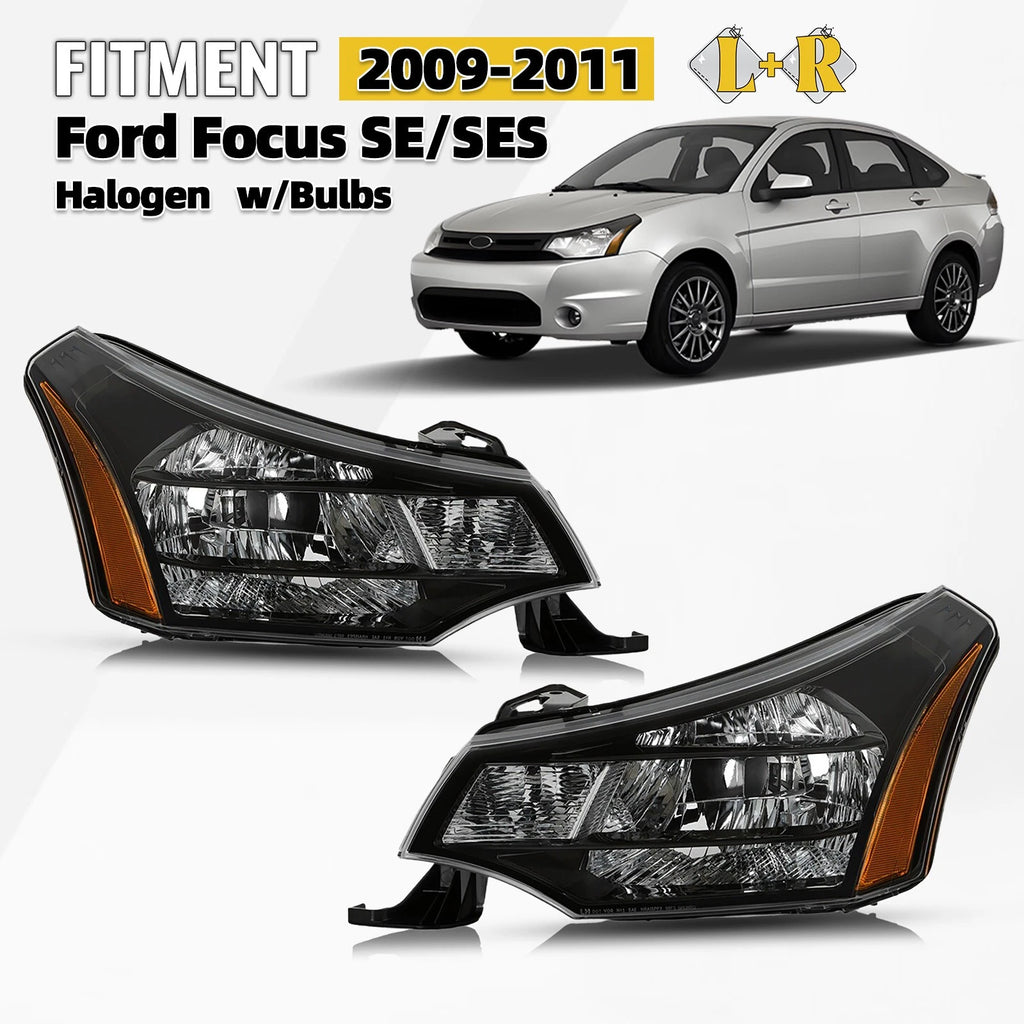 Halogen Headlight Pair for Ford Focus (2009–2011) w/ Bulb Black Crystal