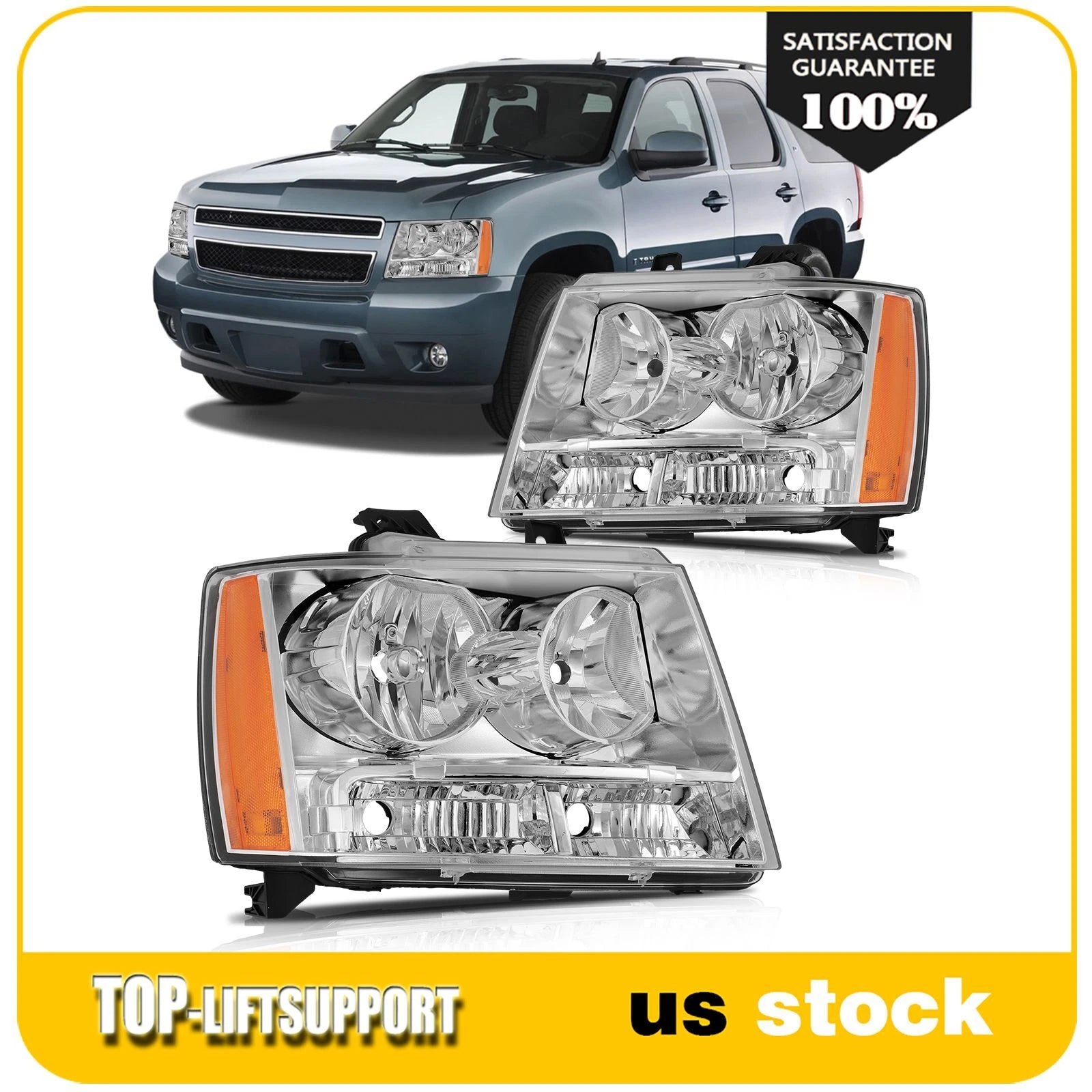 Set of 2 Chrome Headlights for Chevy Avalanche/Suburban/Tahoe (2007–2014)