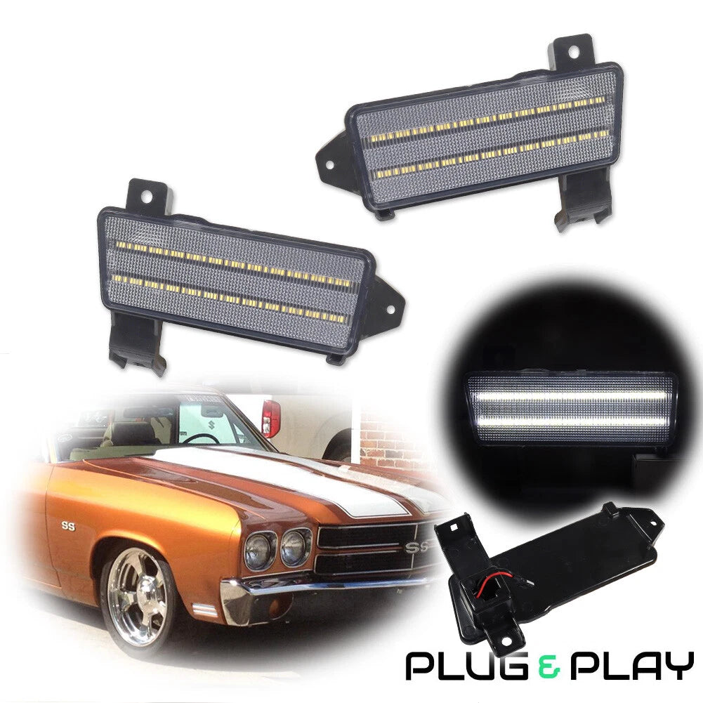 Clear Lens White LED Front Side Marker Lights for Chevy Chevelle El Camino (1970)