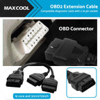 OBD2 16 Pin Splitter Extension Cable Male to Dual Female for Vehicles (30cm)