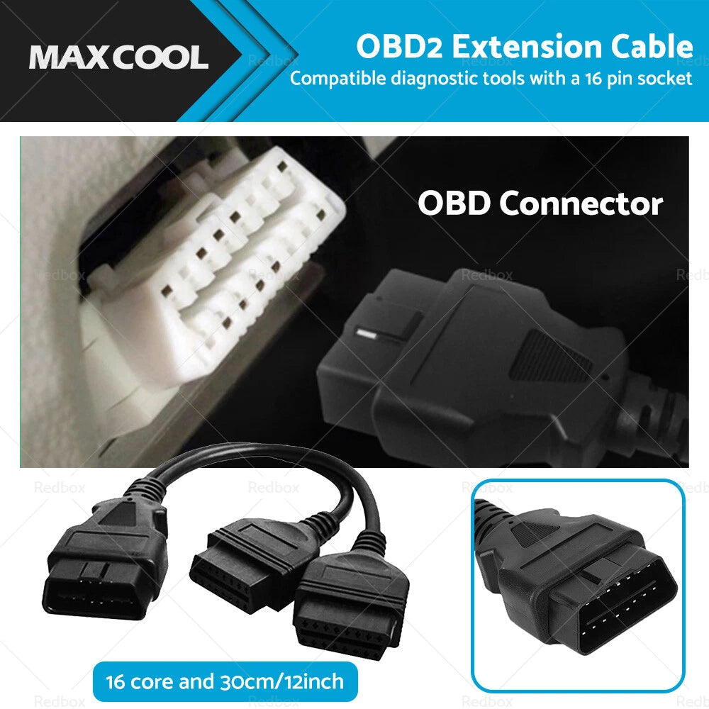OBD2 16 Pin Splitter Extension Cable Male to Dual Female for Vehicles (30cm)