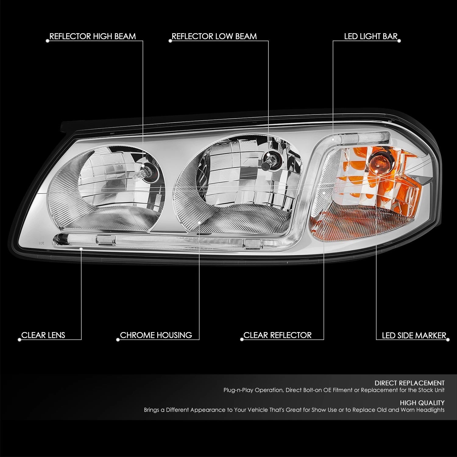 LED DRL Headlight/Lamp for Chevy Impala (2000–2005) Chrome Housing