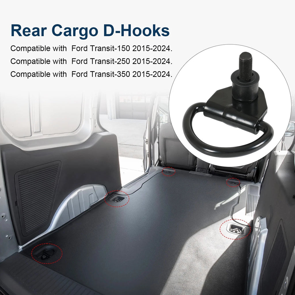 Set of 6 Black Cargo D-Hooks for Ford Transit 150 250 350 (2015–2023)