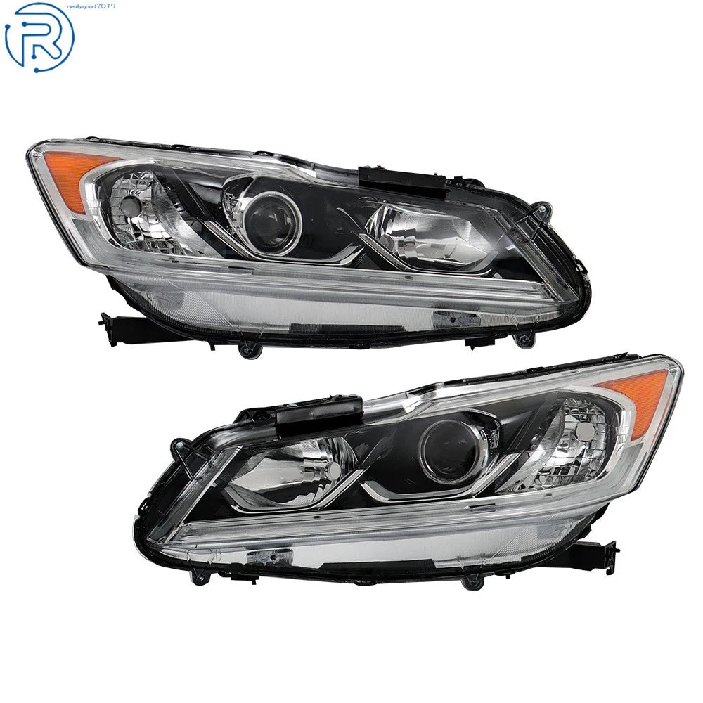 Set of 2 Headlights for Honda Accord (2016–2017) Black Halogen w/LED DRL