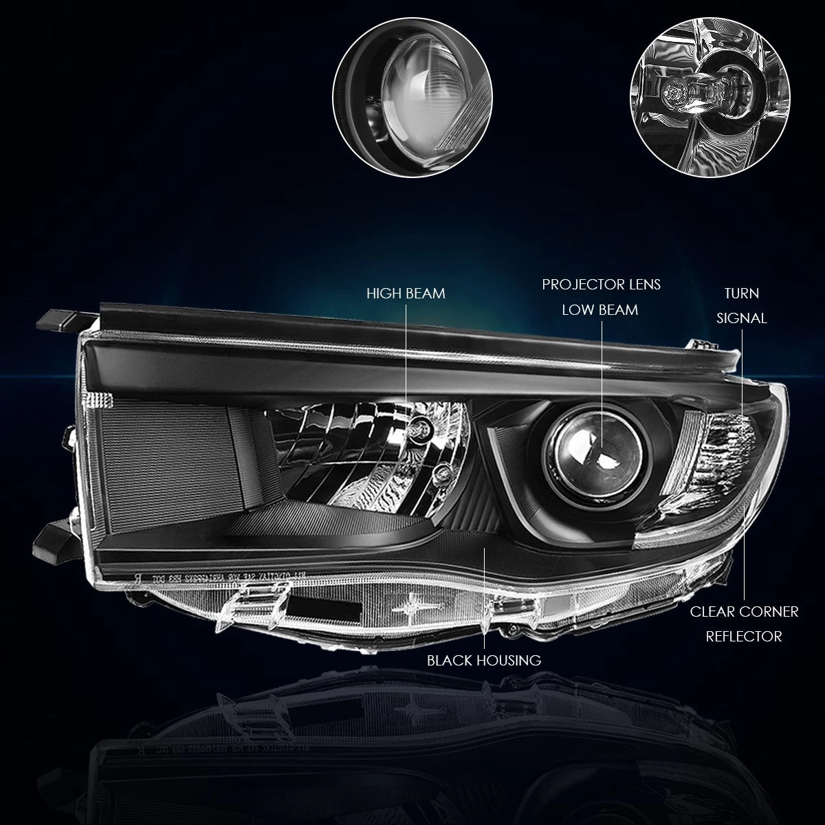 Projector Headlight Replacement for Highlander (2014–2016) Black Housing Clear Corner