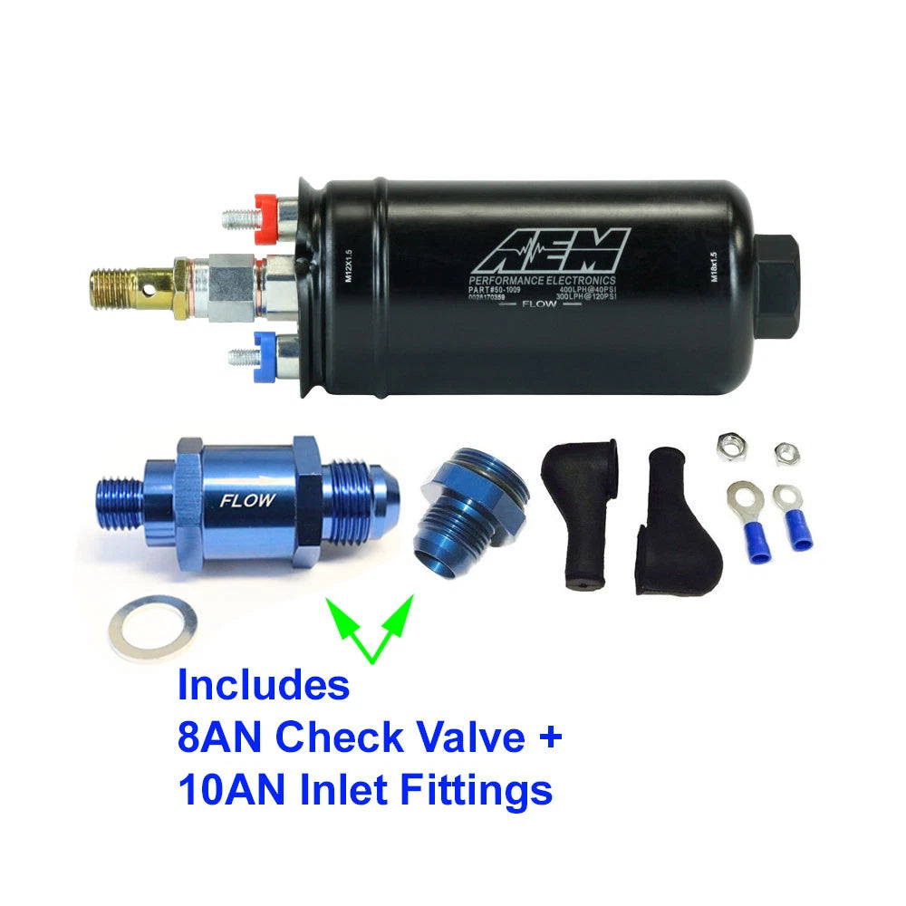 AEM 50-1009 400LPH Fuel Pump + 10AN Inlet Fitting/8AN Valve for