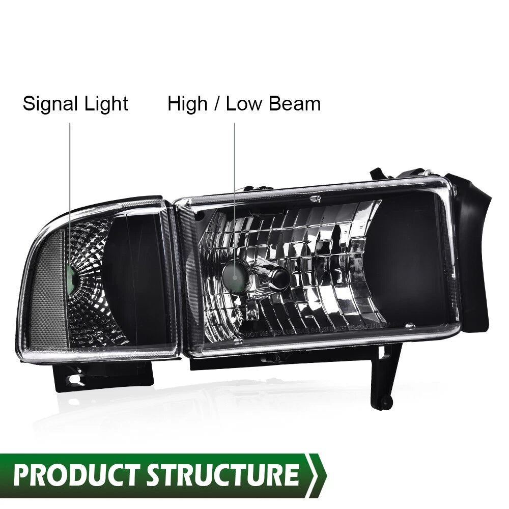 Clear Corner Black Headlights Assembly for Dodge Ram 1500 2500 3500 (1994–2002)