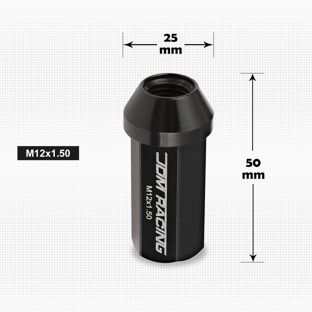 20Pc M12X1.5 Black JDM Closed End Aluminum Wheel Lug Nuts + Extension 25mmx50mm
