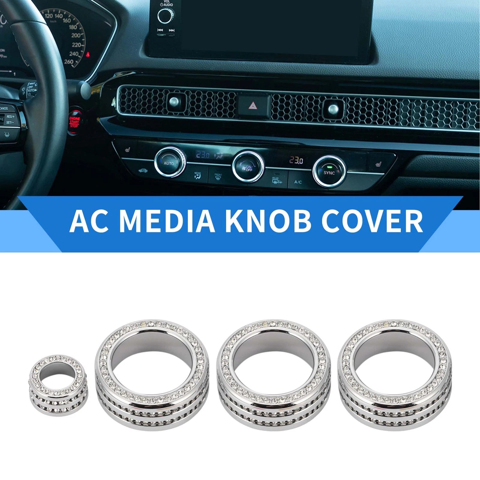 Set of 4 AC Media Tune Switch Knob Cover Ring for Honda Civic (2022) Silver Tone