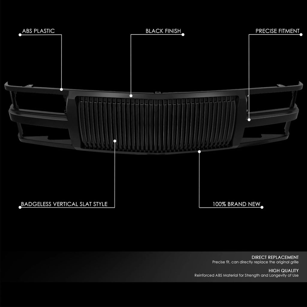 Matte Black Badgeless Vertical Slat Front Grille for Blazer C/K Tahoe (1994–2020)